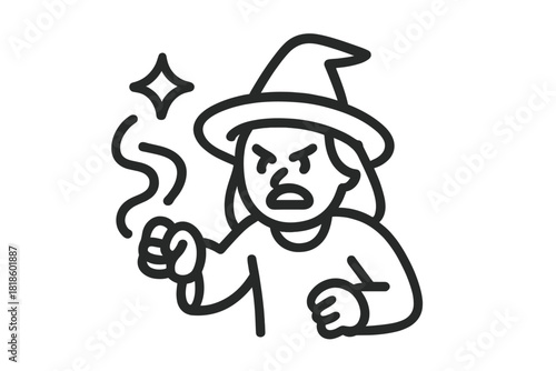 Angry witch character wearing a pointed hat casting a powerful magic spell incantation