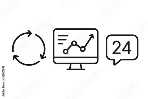 Outline icons set for continuous business monitoring and twenty-four hour support