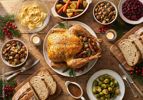 Roasted stuffed capon served at the center of a festive Christmas table with roasted vegetables, cappelletti, Brussels sprouts, bread, candles and natural warm daylight