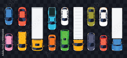 Set of colourful cars and trucks top view on dark transparent background. Vector illustration.