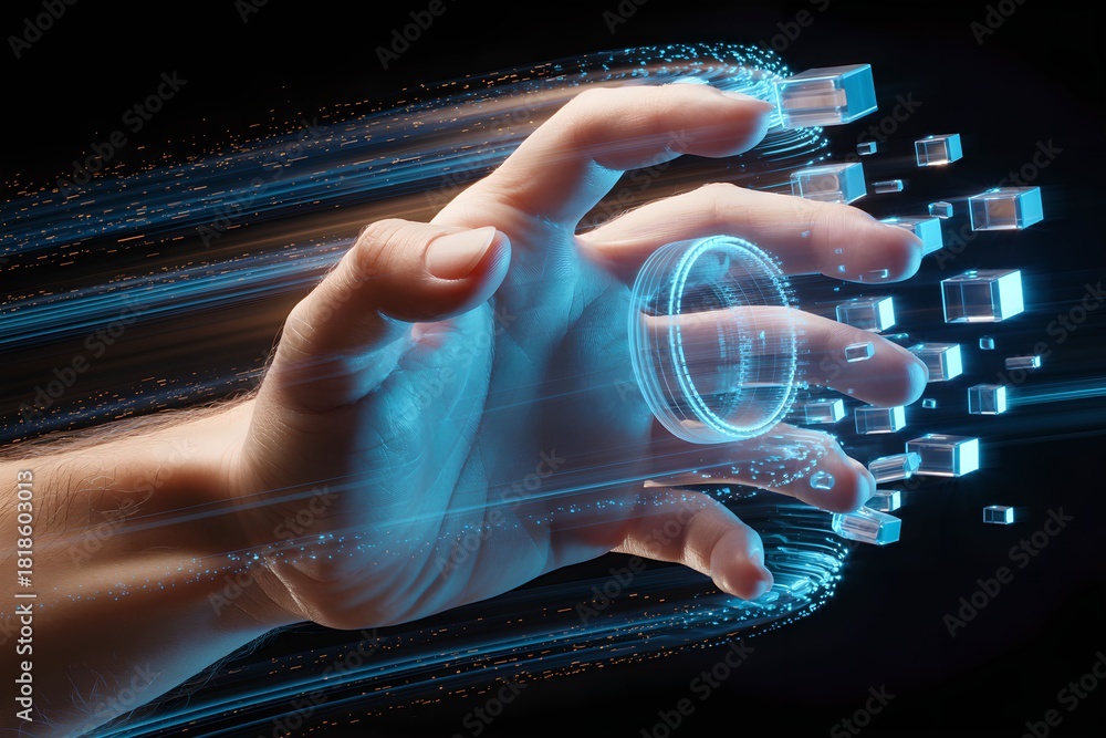 Fototapeta premium Hand catching fragmented, flying, luminous real-time data cubes.