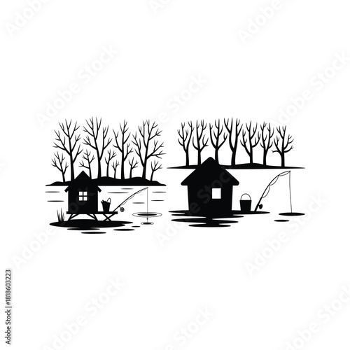 Peaceful scene fishing huts and bare trees.