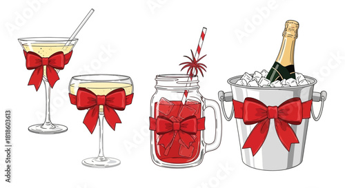 A festive collection of party drinks including champagne and cocktails, decorated with red ribbon bows for a holiday celebration