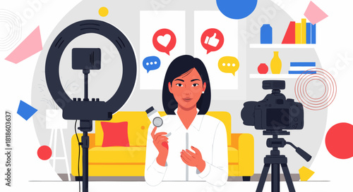 Modern Content Creator Sharing Product Review Online Illustrated Concept of Social Media Marketing, Vlogging, and Digital Influencing