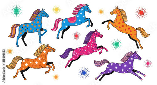 Whimsical Horses with Starry Patterns Colorful Animal Illustration