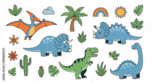 Collection of cute cartoon dinosaurs and prehistoric elements like T-Rex, Triceratops, and tropical plants for kids