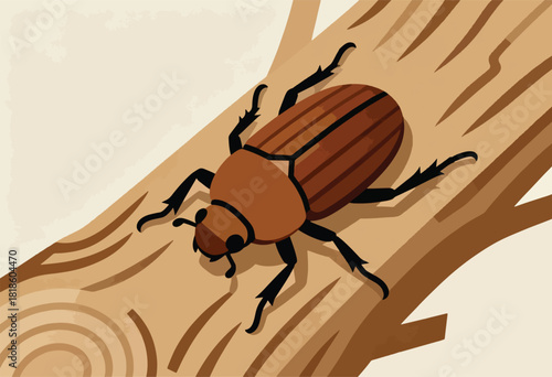 An illustrated bug rests on a stylized, wooden surface, with a plain backdrop and neutral colors