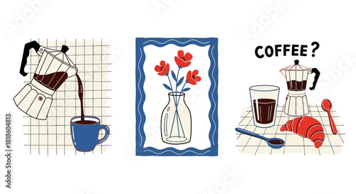 Coffee and Still Life Collection Hand-Drawn Morning Routine