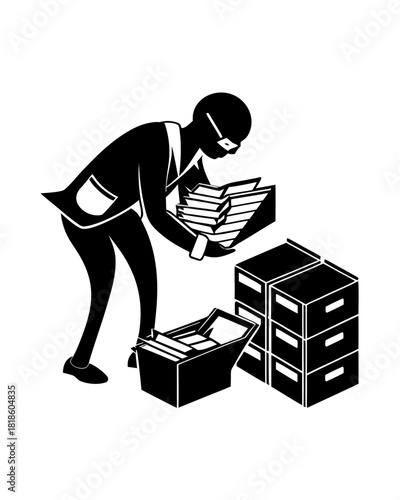 vector of an archivist wearing gloves and handling old manuscripts, file boxes stacked nearby, white background
