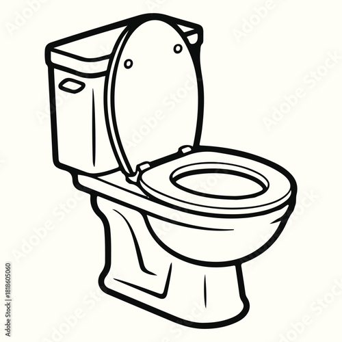Simple black and white line drawing of a toilet with the lid and seat up, isolated on white background