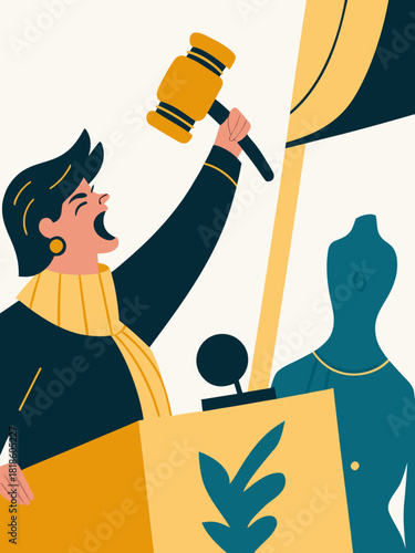 vector of an auctioneer raising gavel with energetic expression, item on display behind, isolated on white
