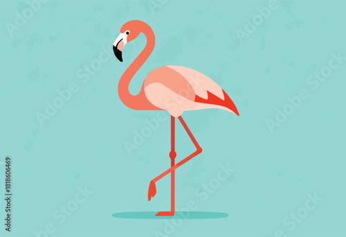 A stylized illustration of a flamingo in profile, standing on one leg against a textured teal background