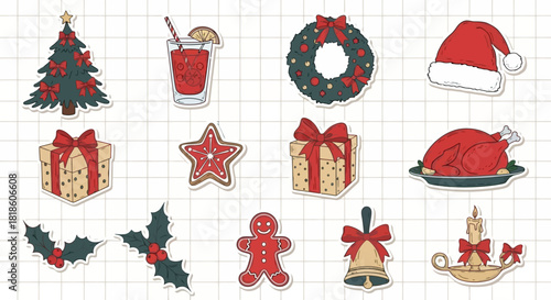 Illustrated collection of festive holiday icons for Christmas celebration and seasonal greetings