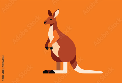 A geometric illustration of a kangaroo in various shades of brown and tan against an orange background