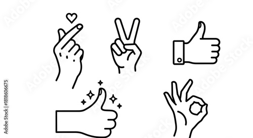 Set of outline icons featuring popular positive hand gestures, including like, love, peace, and okay symbols for digital communication