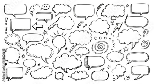 Collection of hand-drawn speech bubbles and thought clouds in various shapes and sizes, perfect for creative expression and communication