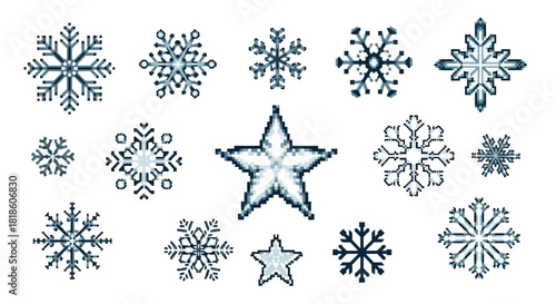 Intricate pixel art collection of various blue and white snowflakes and stars, perfect for winter holiday decorations, festive graphic designs, and a delightful seasonal aesthetic