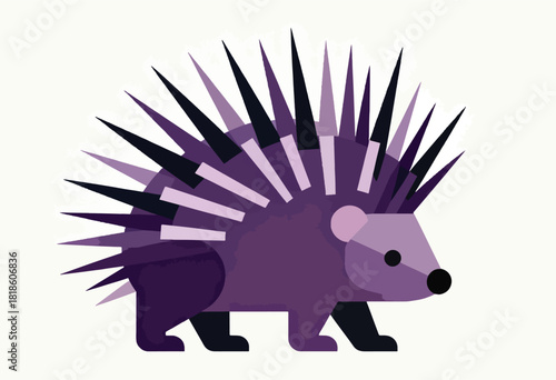 Stylized illustration of a hedgehog featuring purple and black tones. It stands facing right. Spines fan upward
