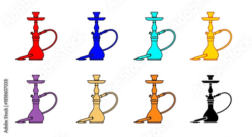 Colorful Hookah Icons Set of Eight Vector Illustrations in Various Vibrant Shades for Design Use