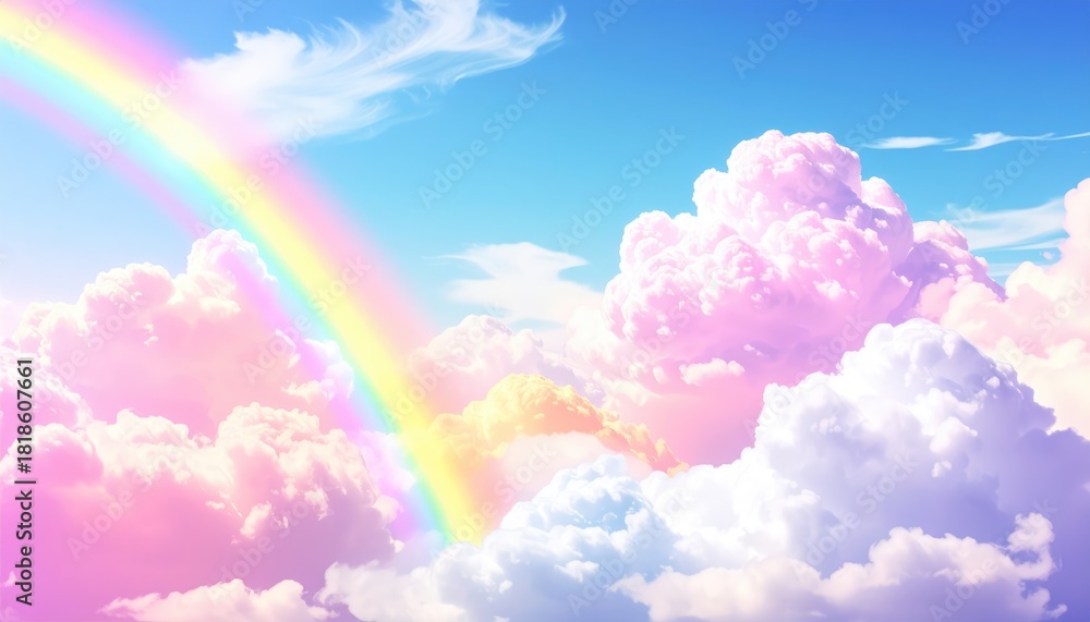 Naklejka premium A vibrant rainbow arches across a soft, fluffy cloudscape in a dreamy, colorful scene. The scene evokes a sense of hope and joy