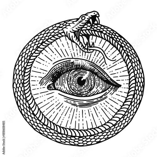 Striking mystic symbol portraying an all-seeing eye within an ouroboros, representing concepts of cosmic wisdom, eternal cycles, and deep spiritual insight. An emblem of timeless mystery