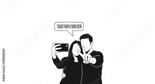 Couple taking selfie together forever peace sign and mobile phone illustration