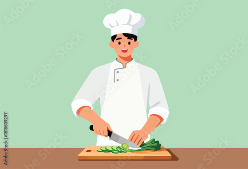 Chef in whites happily slices vegetables on a cutting board, prepared for cooking