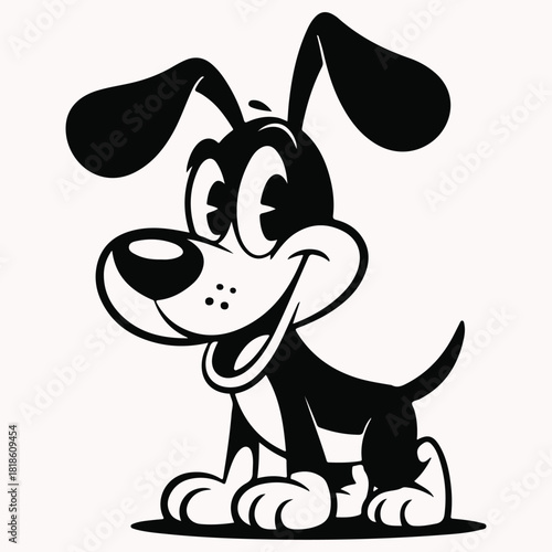 Cute black and white cartoon puppy dog with big eyes and floppy ears, sitting and smiling happily, a cheerful pet character
