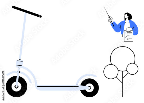 Kick scooter illustration with a person reviewing a checklist and a minimalist tree. Ideal for green mobility, urban life, eco-friendly transport, learning, safety, urban planning, simple flat