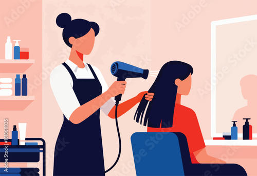 A stylist in a salon uses a hairdryer on a customer's hair.  Shampoo and beauty products are near