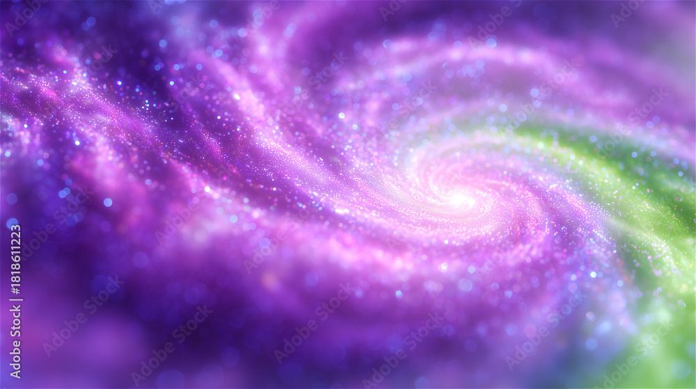 Fototapeta premium Vibrant swirling purple and green galaxy spiral abstract background, symbolizing cosmic energy, space, imagination, fantasy and futuristic digital art.