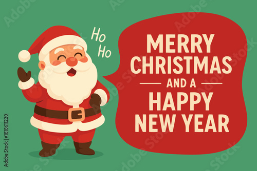 Cheerful Santa Claus wishing Merry Christmas and Happy New Year, holidays festive season greeting card, vector art