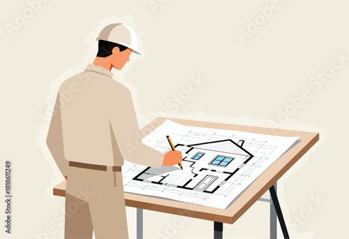 An architect in work attire examines a blueprint of a house design on a drawing table