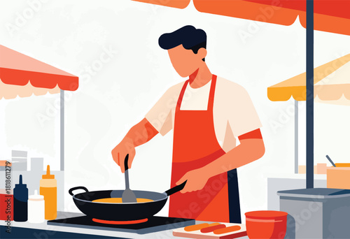 A chef in an apron cooks at a street food stall, stirring a pan over a hot burner. Food and condiments are visible