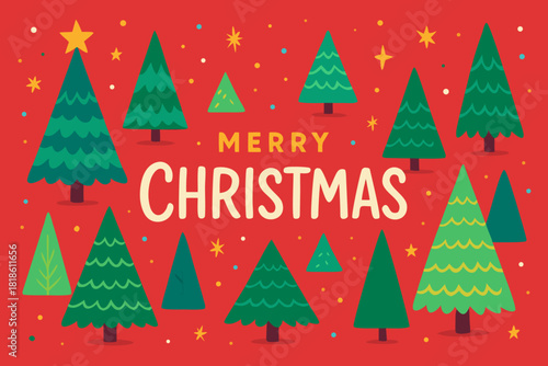 Festive Merry Christmas greeting card design with scattered trees and stars for holiday cheer and seasonal joy
