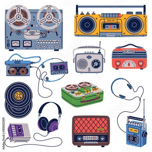 Retro Music Player and Cassette Recorder Vector Set