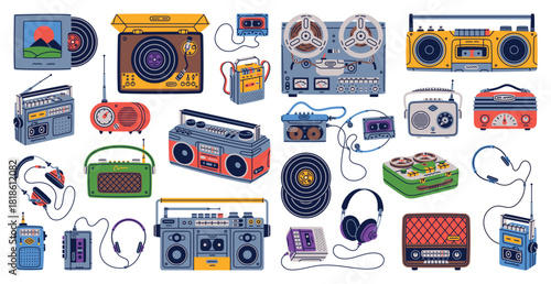 Retro Music Player and Cassette Recorder Vector Set