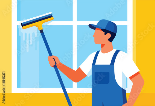 A flat illustration of a window cleaner with a squeegee, cleaning a window with stylized water streaks