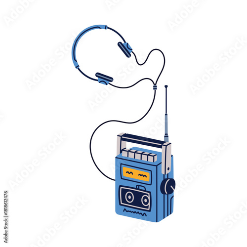 Retro Cassette Recorder with Headphones for Music Listening Vector Illustration