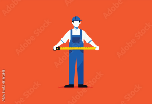 Flat graphic of a person in blue overalls and a hat holding a yellow measuring tape on an orange background