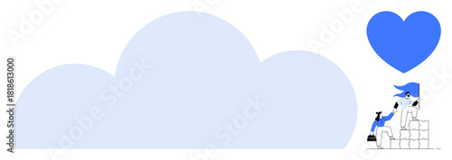 Small team helping a person rise by building a ladder of blocks, with a large heart and cloud backdrop. Ideal for collaboration, care, growth, teamwork, support, charity success. Simple flat