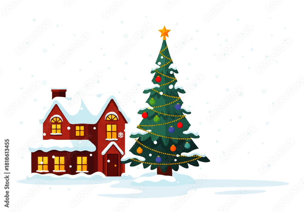Obraz premium Charming winter scene with a snow-covered house and a beautifully decorated Christmas tree, perfect for holiday greetings and festive designs