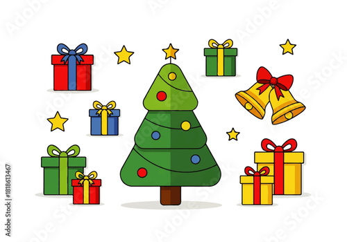 Festive Christmas Illustration Christmas Tree, Gifts, Stars, and Bells - Perfect for Holiday Designs
