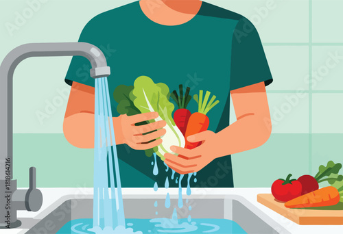 A person washes vegetables under a faucet in a sink. Carrots, lettuce, tomatoes on wooden cutting board