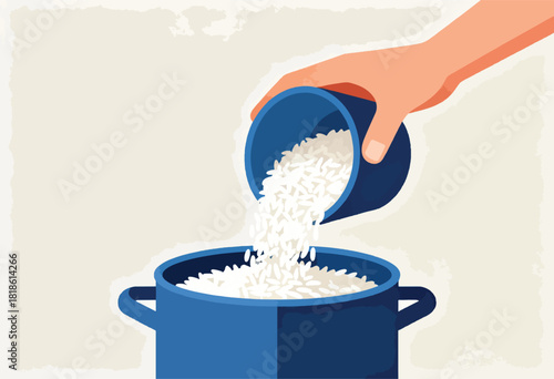 A hand pouring white rice from a blue bowl into a cooking pot. Background is a neutral tone