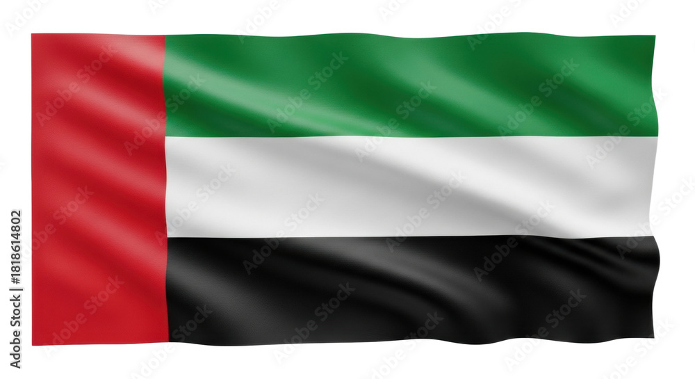 Obraz premium A patriotic national flag with a vertical red stripe and horizontal green, white, and black bands, waving gently with a realistic, detailed fabric texture and soft folds