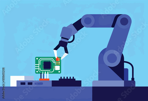 A robotic arm places a component onto a circuit board. Simplified design against a textured blue backdrop