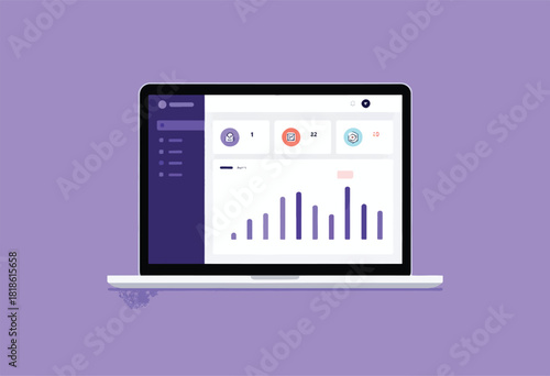 Illustration featuring a laptop displaying a user interface with charts, notifications, and interactive elements