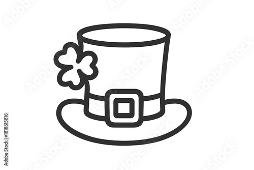 Black line art leprechaun top hat with shamrock and buckle for St. Patrick's Day
