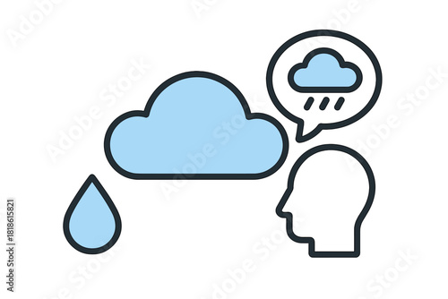 Conceptual image of sadness, depression, or negative thoughts with a raining cloud over a head profile